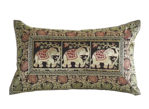 Image of Ravaiyaa - Attitude is everything Banarasi Brocade Silk Pillow Cover Elephant Design Cushion Pillow Sham Case Home Decorative Set of 2 Piece 12 inch X 20 inch Inch