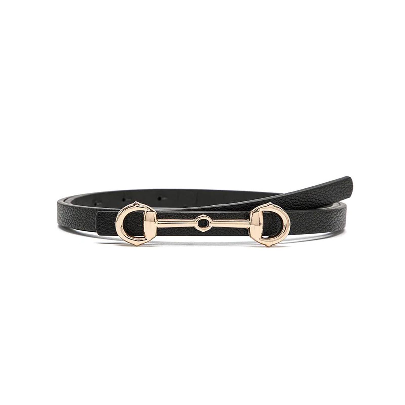 Risdany Horsebit Buckle Thin Belt, Women's Gold Buckle Jeans Suit Small Belt,Black