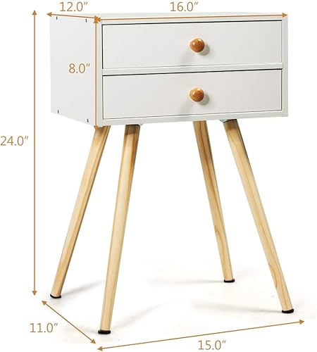 Miniatura 3 de COSTWAY Mesita de noche moderna de mediados de siglo con 2 cajones, mesa auxiliar blanca para sofá