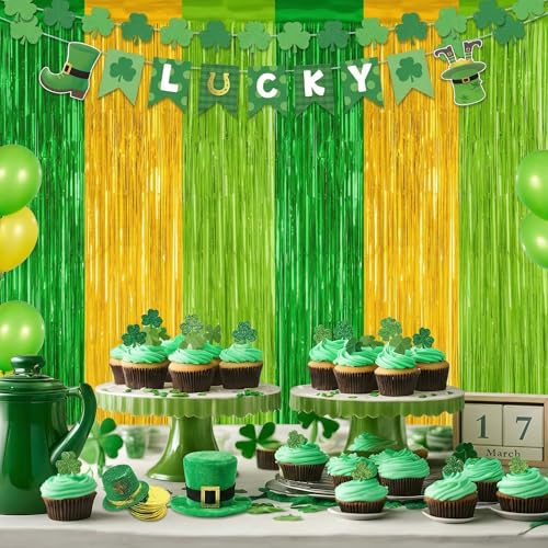 Image of 2 Pack St Patrick Party Decorations, Green Party Backdrop Green Gold Light Green Backdrop Curtains, Metallic St.Patrick Fringe Curtains Party Streamer Tinsel Backdrop, St Patrick Party Supplies