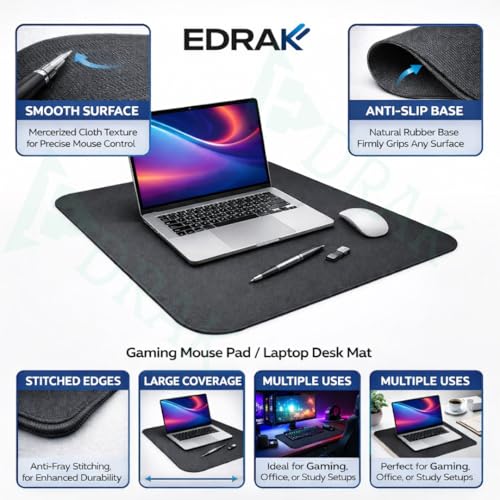 Image of Large Desk Mat 60x40 cm | Waterproof PU Rubber Base Mouse Pad | Non-Slip Office Desk Protector | Laptop, Keyboard & Mouse Pad | Smooth Surface Work Mat for Home & Office | Black