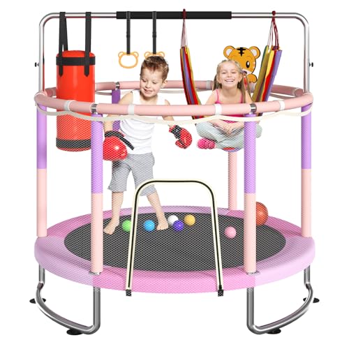 Trampoline for Kids, Upgrade Full Anti-Rust 440lbs Toddler Trampoline with Net, 55'' Upgraded Ring Legs with Adjustable Gymnastics Bar&Toys, Gifts for Ages 1-8 Boys&Girls(Pink)