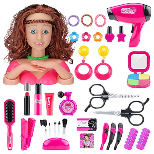 Yamix Girl Makeup Pretend Playset 35 Pieces, Styling Head Doll Hairstyle Toy with Hair Dryer, Beauty Hair Salon Fashion Pretend Play Set