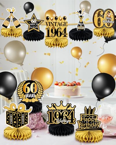 Mdcgfod 9 Pcs 60Th Birthday Decoration For Men Women 60Th Birthday Centerpieces For Tables Cheers To 60 Years Birthday Honeycomb Decor 1964 Birthday Table Topper Black And Gold 60Th Birthday Party Favors thumb #3