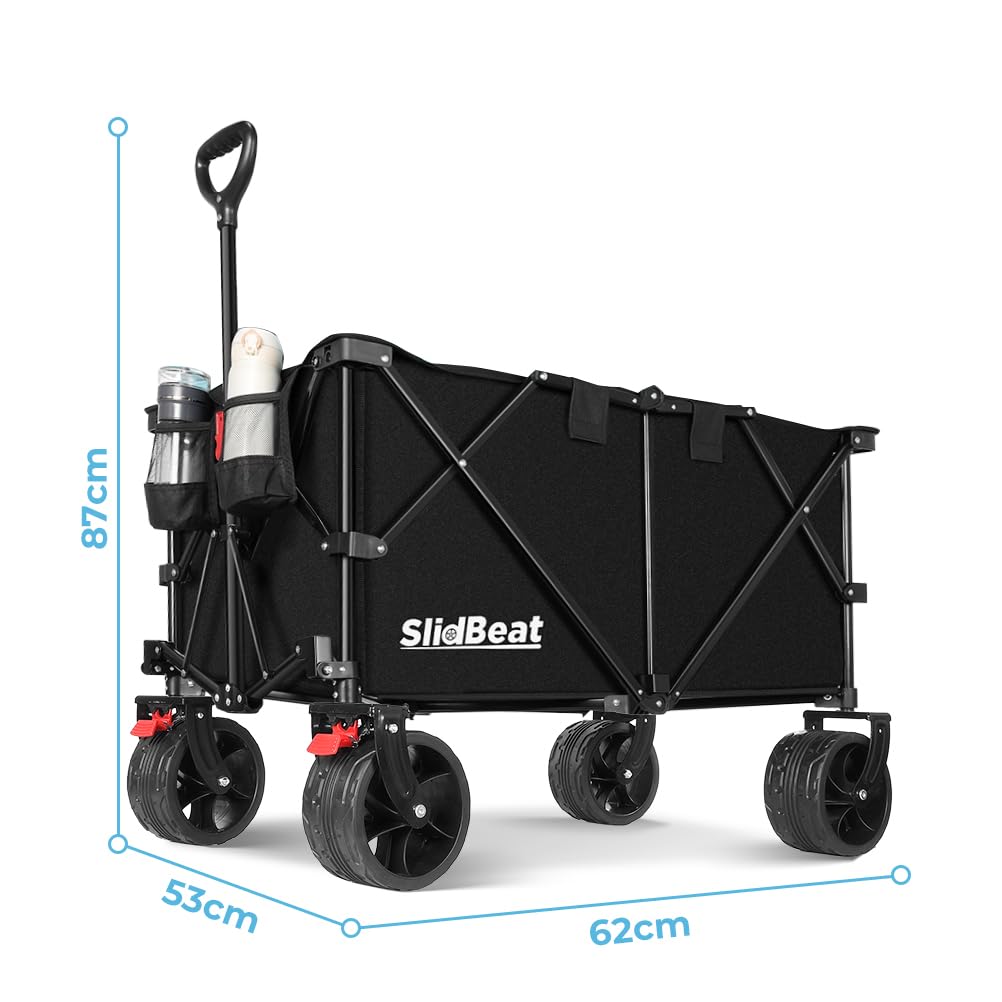 SLIDBEAT Chariot de Plage 220-330L, 200KG Chariot de Transport Pliable avec Roues Pivotantes à 360°, XXL Chariot de Jardin à Poignée à Rebond Automatique Tout Terrain avec Freins, pour Pêche Camping
