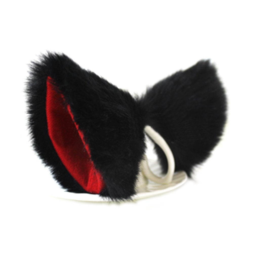 E-TING Cat Long Fur Ears Hair Clip Headwear Headband Cosplay Halloween Costume Orecchiette (Black with Red inside)
