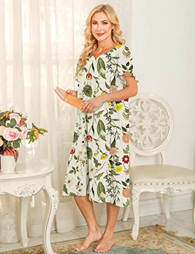 Image of Bloggerlove Mumu House Dress for Women with Pockets Short Sleeve Nightgowns | 15% Cotton, 80% Polyester, 5% Spandex, Floral Mumu House Dress, V-Neck, Short Sleeves, Midi Length, 2 Side Pockets, Lounging