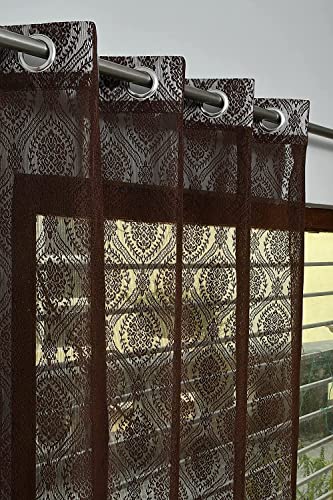Image of Fabrilia Polyester Sheer Net Damask Design Semi Transparent Eyelet Window Curtains 5 feet Long Set of 2- Coffee