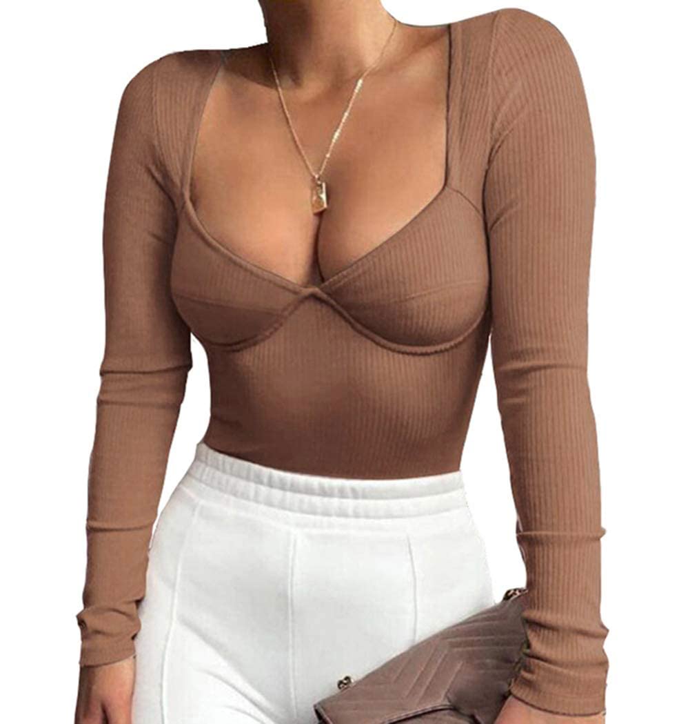 Womens V Neck Bodysuit Long Sleeve Ribbed Bodysuit Leotard Jumpsuit Tops