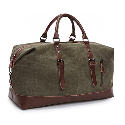 Army Green Weekender Overnight Bag Canvas Genuine Leather Travel Duffel Tote