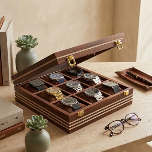 Image of Wooden Watch Box, Storage Organizer, Watch Display Case, Jewelry Holder, Gift for Men & Women - Rosewood Crafted, 3-12 Slots (Nine Slots)