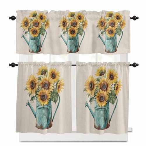 Sunflower Kitchen Curtains 24 Inch Length,3 Piece Rod Pocket Small Half Tiers and Valance Set,Country Botanical Blooms Floral Garden Flowers Small Large Window Treatment Decor for Bedroom/Bathroom