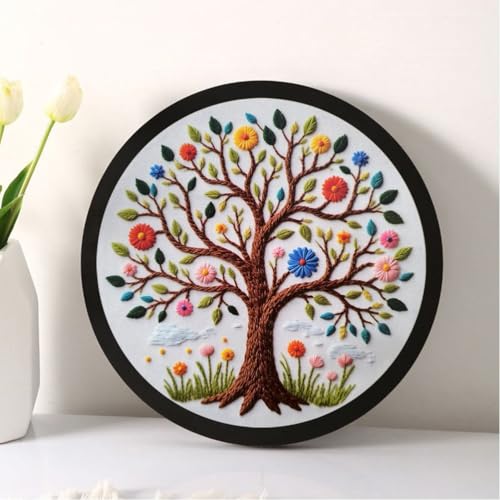 Image of Esffaci Embroidery Starter Kit for Adult Beginner with Colorful Flower Tree Pattern Hand Embroidery Set with Cloth Hoop Needle Threader Floss and Instruction