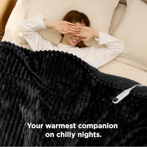 Image of Bedsure Heated Blanket Full Size - Thick Striped Fast Heating Electric Blanket with Preheat Function, 6 Heat & 6 Timer (Up to 10H), 8H Auto Off, ETL Certified, Gift for Grandma (72 inchx84 inch, Black)