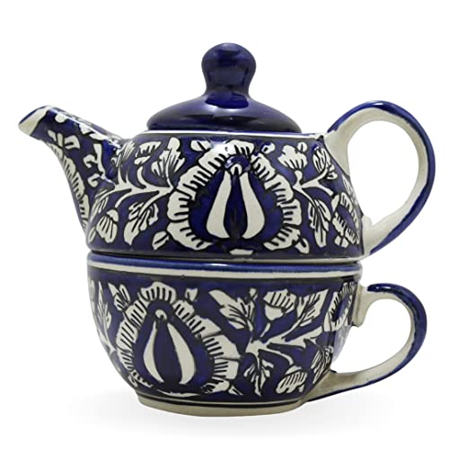 Mirakii Ceramic Blue Printed Kettle 380 ml Tea Pot with 1 Cup 180...