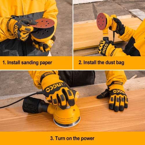 Three-step guide for setting up the INGCO Rotary Sander: installing sanding paper, attaching dust bag, and powering on.