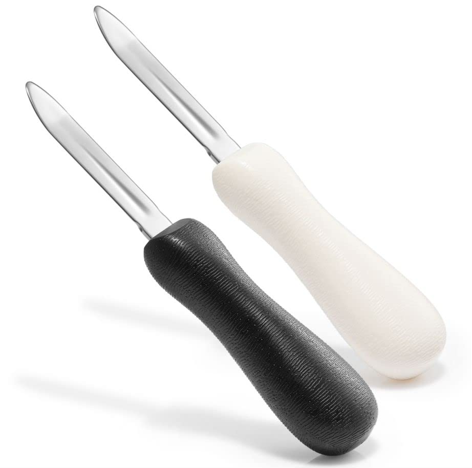 Oyster Shucking Knife, with Extra-Long Non-Slip Handle, Professional Oyster Shucker, Seafood Tools Two-Piece Set (Star Black and Pearl White)
