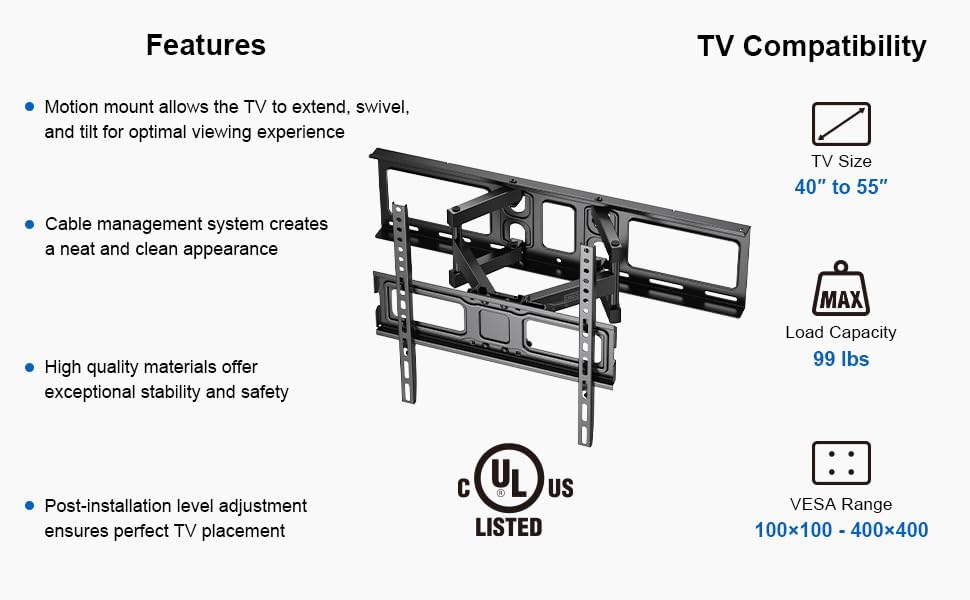 Diagram showing ErgoAV motion mount components and features