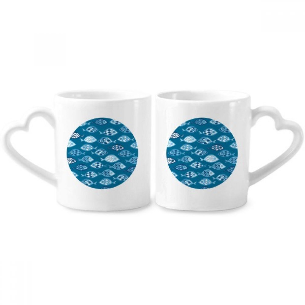 Blue Sea Grids Abstract Fishes Couple Porcelain Mug Set Ceramic Lover Cup Heart Handle