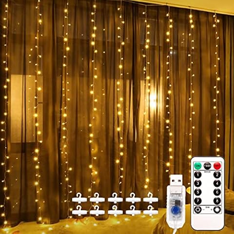 Fulighture Curtain Fairy Lights, 3x3m 300 LED String Lights, Remote Control Timer, 8 Modes Copper Light, USB Plug in, for Indoor Bedroom Wall Decor Party Wedding (Warm White) Cover