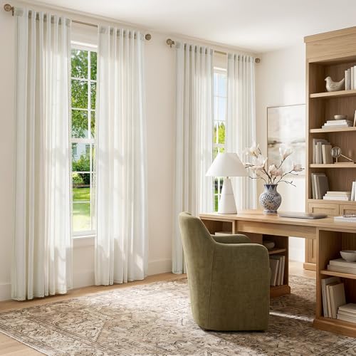 Image of jinchan Linen Curtains with Lace Trim Beige Curtains for Living Room 84 Inch Long Rod Pocket Rustic Curtains Semi Sheer Light Filtering Drapes Bedroom Dining Room Window Curtain Set 2 Panels