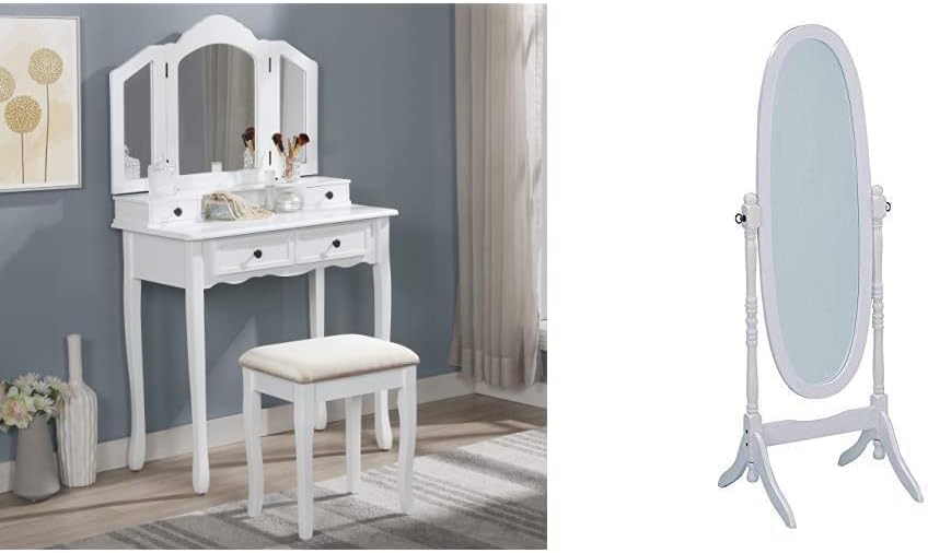 Roundhill Furniture Sanlo Wooden Vanity | Make Up Table and Stool Set | White & Traditional Style Wood Cheval Floor Mirror, White