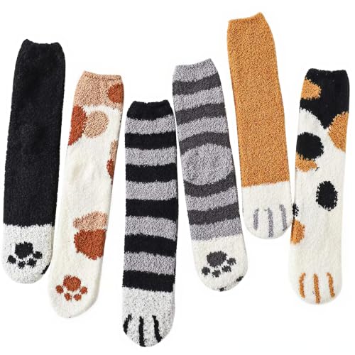 Image of Loritta 6 Pairs Womens Fuzzy Socks, Winter Warm Fluffy Slipper Socks | Cute Cat Paw Animal, Comfy Soft Thick, Plush Cozy Fabric, Microfiber House Sleeping Gifts, Stocking Stuffers Gifts