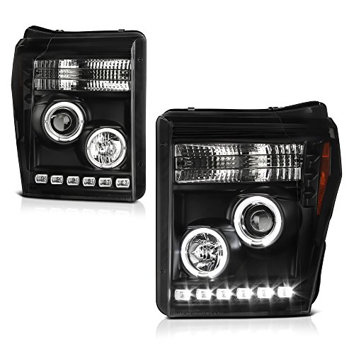 [For 2011-2016 Ford F250 F350 Super Duty Pickup Truck] LED Halo Ring Black Housing Projector Headlight Headlamp Assembly, Driver & Passenger Side