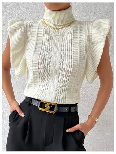 Floerns Women's Ruffle Trim Cable Knit Sweater Vest Turtleneck Sleeveless Tank Tops4