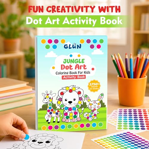 Image of GLUN Jungle Dot Art Sticker Activity Book for Kids Ages 3-6 Years Learning Workbook with 1750+ Colorful Stickers | Wild Animals, Letter Recognition, Fine Motor Skills & Preschool Learning | 34 Pages
