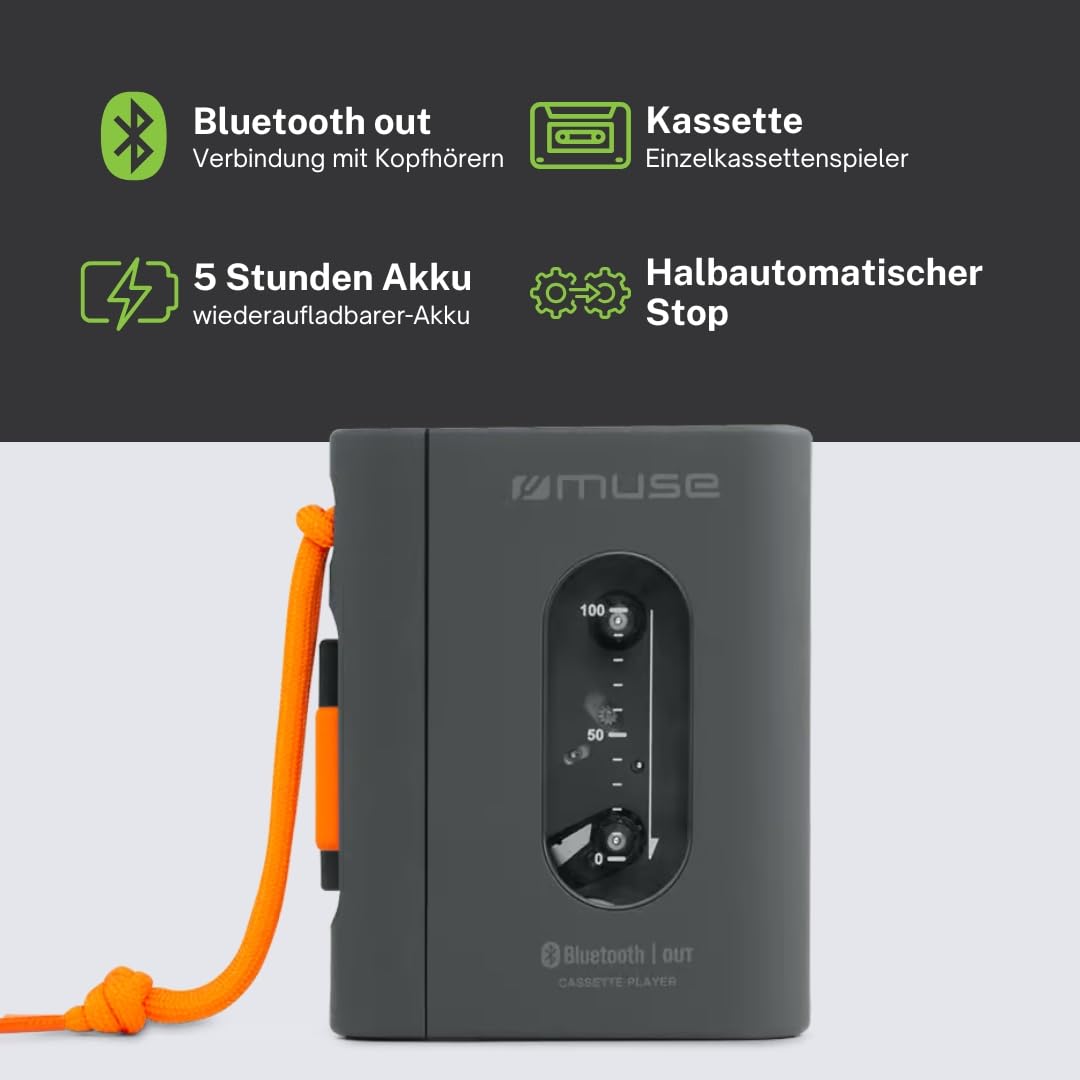 M-136 WM Tragbarer Kassettenspieler mit Bluetooth-Sender, USB-C Akku, 3,5-mm-Klinke, Stereo-Kopfhörer, 5 Std. Wiedergabe