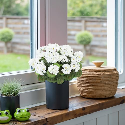 Image of Bassion Artificial Geraniums Flowers for Outdoors Decoration, 4 Pcs, White
