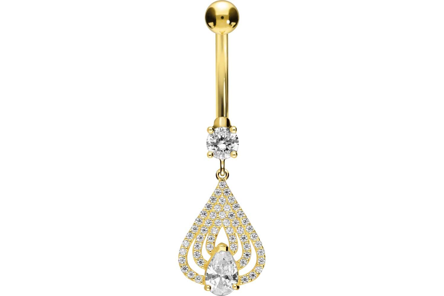 PIERCINGLINE 18 Karat Gold Bauchnabelpiercing mit KRISTALLANHÄNGER Bananabell Piercing Gelbgold
