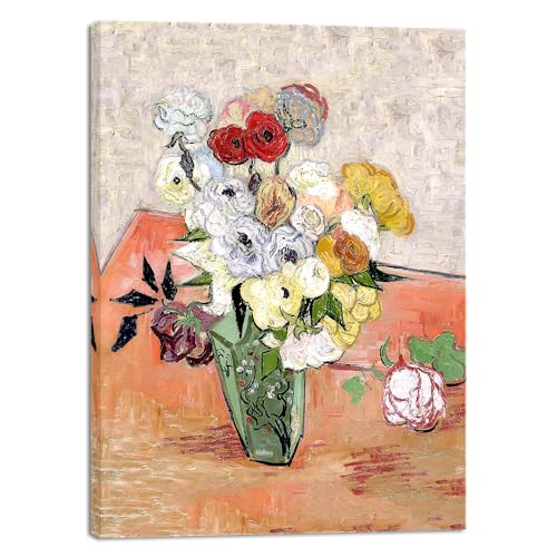 Image of Pyradecor Abstract Flowers Canvas Prints Japanese Vase with Roses and Anemones by Vincent Van Gogh Oil Paintings Reproduction Artwork for Home Office Bedroom Decorations