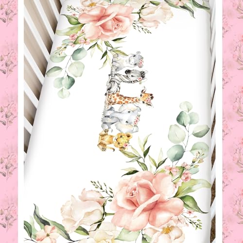 Image of Hahafelt 3 Pcs Baby Crib Bedding Set Safari Animals Dinosaurs Bear Woodland Animals Jungle Crib Set Includes Quilt, Fitted Sheet, Skirt for Baby Boy Girl(Pink,Safari)