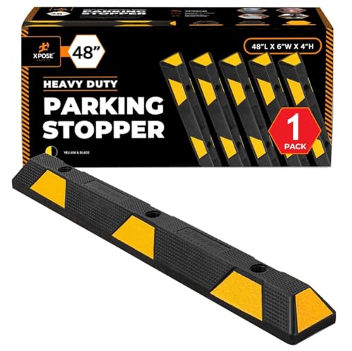 Image of Xpose Safety 48 inch Heavy Duty Rubber Parking Stopper (1 Pack) - Wheel Stop, Parking Lot Bumper & Rubber Parking Curb for Garage, Driveway or Ramp - Car Bumper Stop with Yellow Reflective Strips
