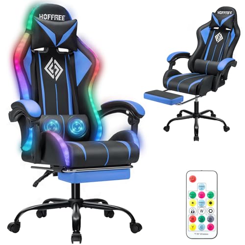 Image of HOFFREE Gaming Chair with LED RGB Lights with Massage and Footrest Ergonomic Computer Chair High Back Video Game Chair with Adjustable Lumbar Support Linkage Armrest Blue and Black