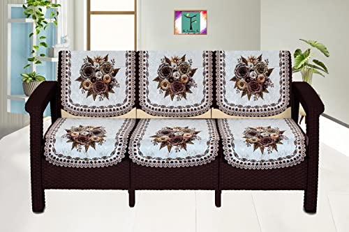 Image of The Furnishing Tree Velvet Floral Pattern 6 Pieces 3 Seater Sofa Cover Set Beige