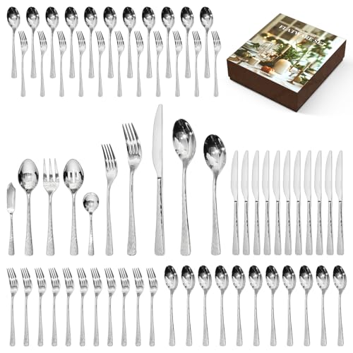 KINGSTONE Hammered Silverware Set, Flatware Set with Serving Utensils, 18/10 Stainless Steel Premium Cutlery with Unique Ripple Handles Design Mirror Polished - Dishwasher Safe (65-Piece) 65