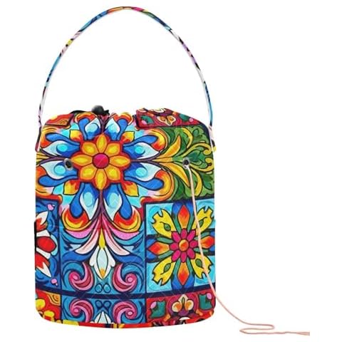RunningBear Mexican Talaveras Flowers Crochet Bag Yarn Holder Round Yarn Storage Crochet Kit for Knitting Accessories Cover
