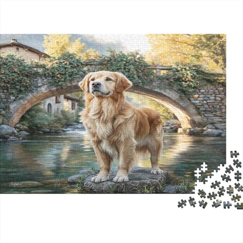 Golden Retriever Puente de Piedra Rural Puzzle de 1000 Piezas para Adultos Paisaje Relajante Regalo Hogar 70x50cm/1000pcs