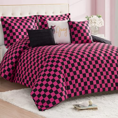 Juicy Couture-Wende-Steppdecken-Set, Schachbrettmuster, 5-teilig, Doppelbett-/XL-Doppelbett-Set, Schwarz/Hot Pink