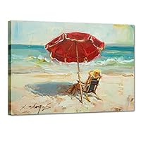 Coastal Seascape Woman Relaxing under Red Beach Umbrella Canvas Wall Art, Turquoise Ocean Art Bathroom Wall Decor, Framed Beach Decorations for Home Living Room Bedroom Kitchen 12x16 Inches