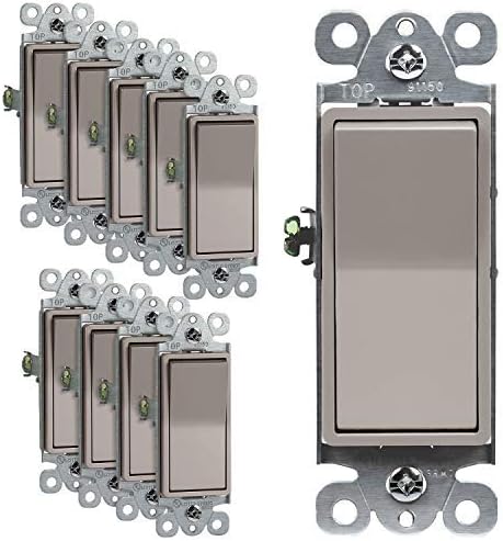 ENERLITES Elite Series Decorator Rocker Light Switch, 15A 120V/277V, Gloss Finish, Single Pole, 3 Wire, Grounding Screw, Residential Grade, UL Listed, 91150-NK, Nickel Color (10 Pack)