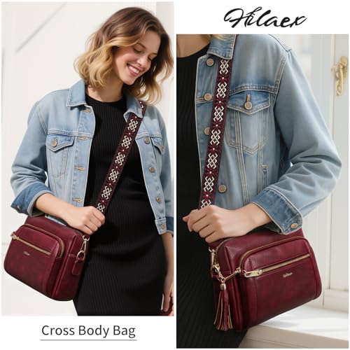 Image of Small Leather Crossbody Bags for Women Anti theft Purses and Handbag Shoulder Hangbag with Wide Strap Tassel