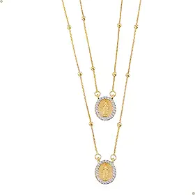 Escapulário Feminino Com Imagem De Nossa Senhora Das Graças Com Pedras De Zircônia Corrente Veneziana De 70 Cm Banhado À Ouro 18k E Antialérgico