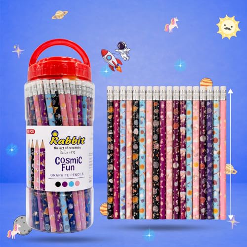 Image of Cosmic Fun Pencils (100) | Super Fun Unicorn & Space Cartoon Theme Dark Lead Pencils for Kids | HB Writing Pencils for Girls & Boys | School & Return Gift Stationery.