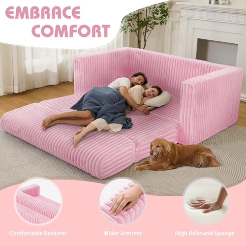 Image of HABUTWAY 49.8 inch Loveseat Boneless Couch, 4-in-1 Convertible Sofa Bed, Plush Fur Folding Futon Sofa Bed Couches Without Pillow for Living Room, High-Density Foam Support, No Assembly Required, Pink
