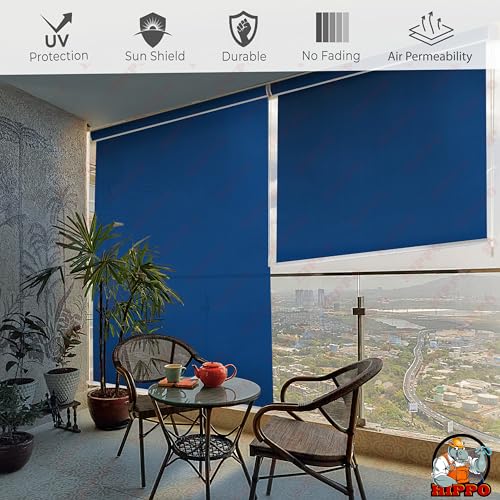 Image of HIPPO 180 GSM HDPE Outdoor Balcony Roller Blind, UV & Dust Protection Corded Roll Up and Down Light Filtering Blinds for Garden (Blue, 3FTX5FT)
