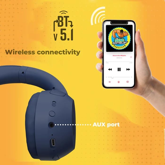 Close-up of the headphone ear cup showing the BT v5.1 logo, wireless connectivity, and the AUX port.
